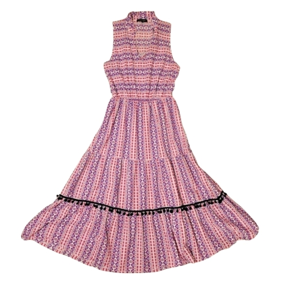 Magari Italy Fit Flare Skirt Sleeveless Dress Women's Small Pom Pom Geo Print - Picture 2 of 9